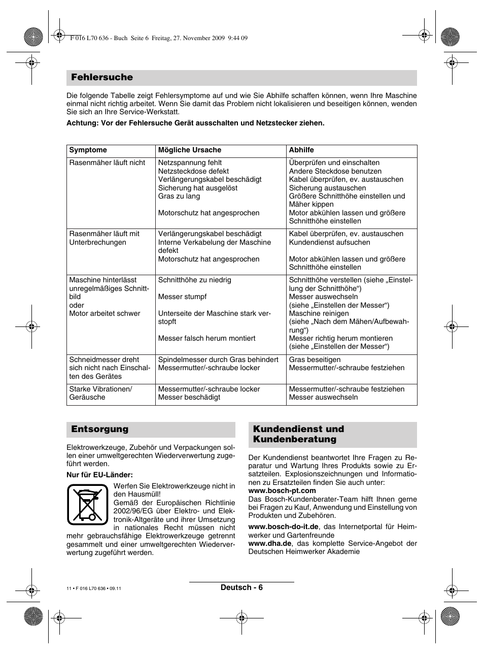 Fehlersuche, Entsorgung kundendienst und kundenberatung | Bosch ROTAK 34 User Manual | Page 11 / 195
