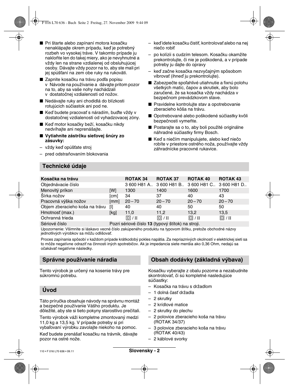 Technické údaje | Bosch ROTAK 34 User Manual | Page 110 / 195