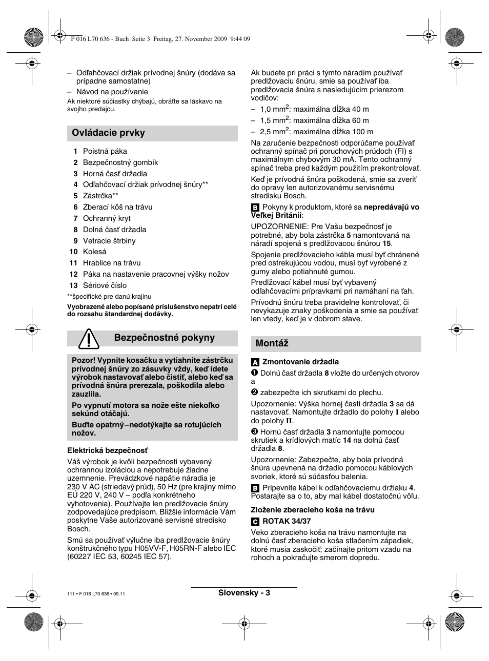 Ovládacie prvky bezpeãnostné pokyny, Montáï | Bosch ROTAK 34 User Manual | Page 111 / 195