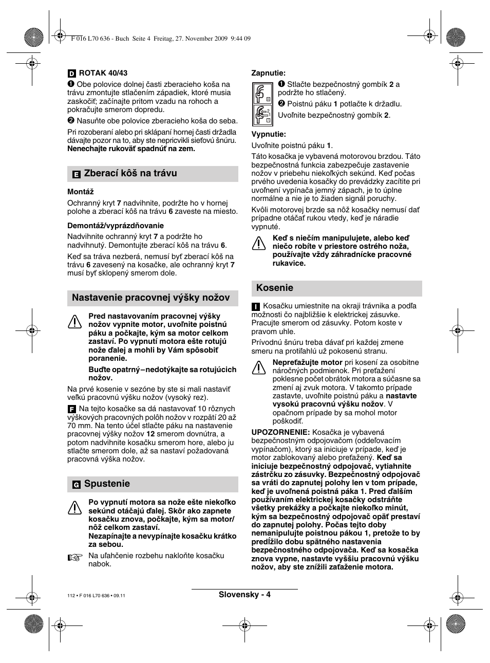 Kosenie | Bosch ROTAK 34 User Manual | Page 112 / 195