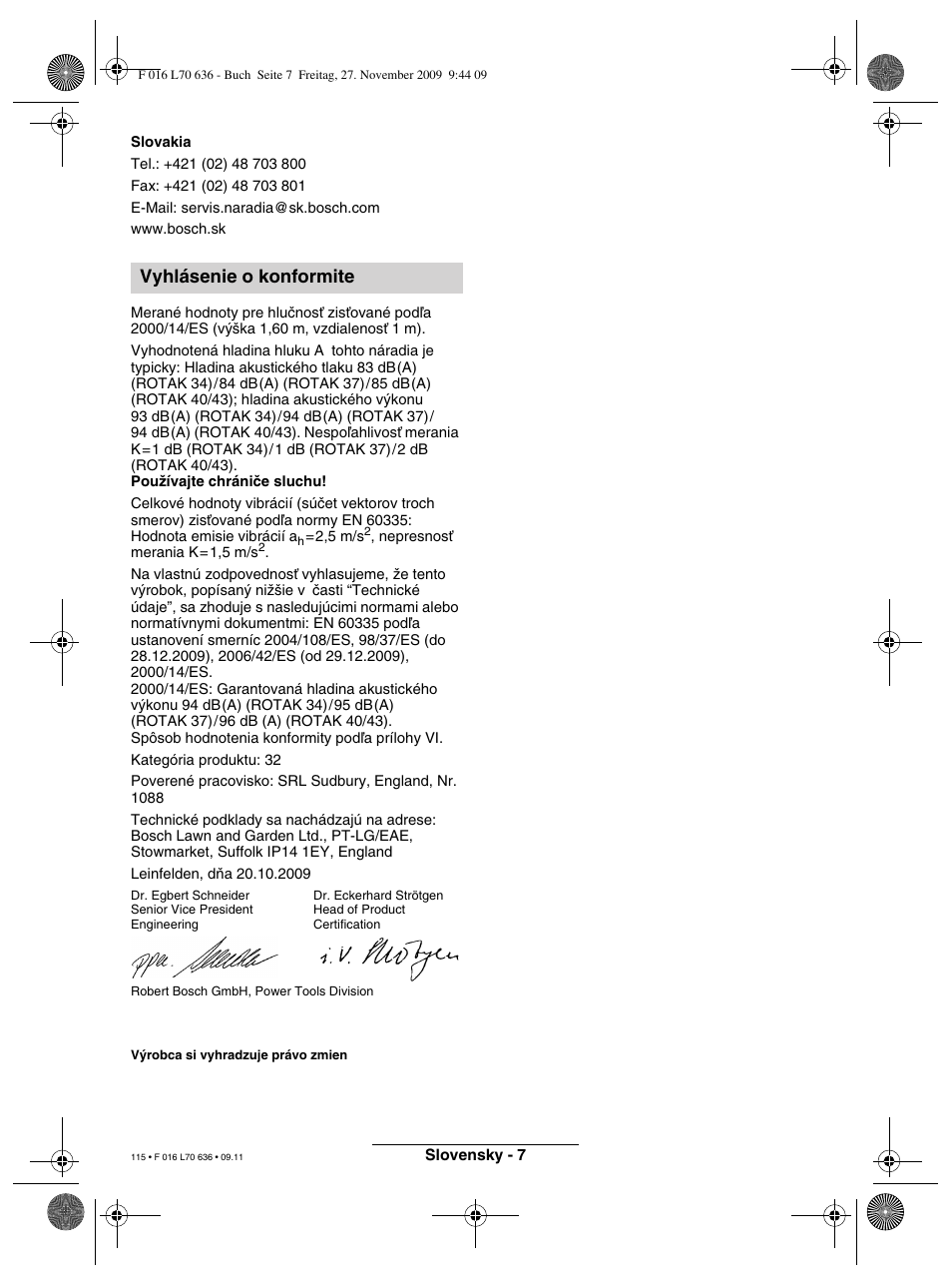 Vyhlásenie o konformite | Bosch ROTAK 34 User Manual | Page 115 / 195