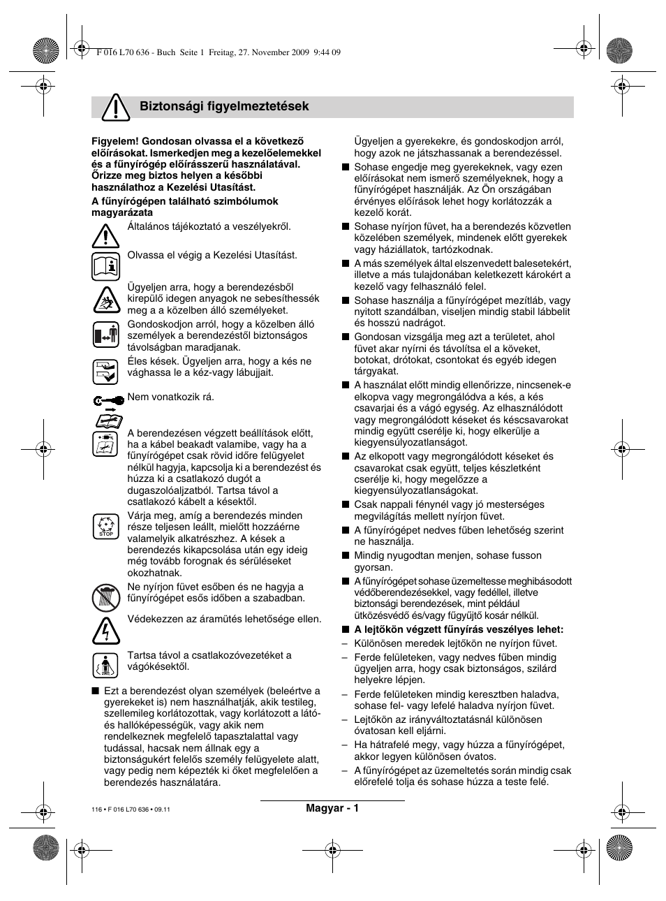 Biztonsági figyelmeztetések | Bosch ROTAK 34 User Manual | Page 116 / 195