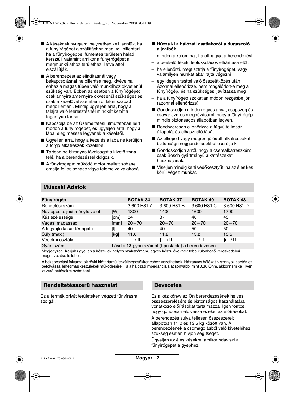 Mæszaki adatok, Rendeltetésszeræ használat bevezetés | Bosch ROTAK 34 User Manual | Page 117 / 195