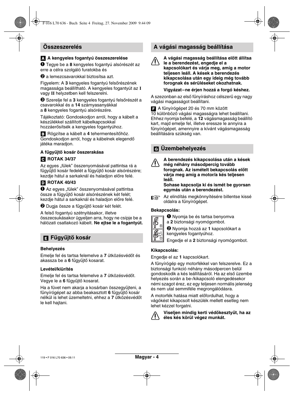 Összeszerelés fægyæjtœ kosár, A vágási magasság beállítása üzembehelyezés | Bosch ROTAK 34 User Manual | Page 119 / 195