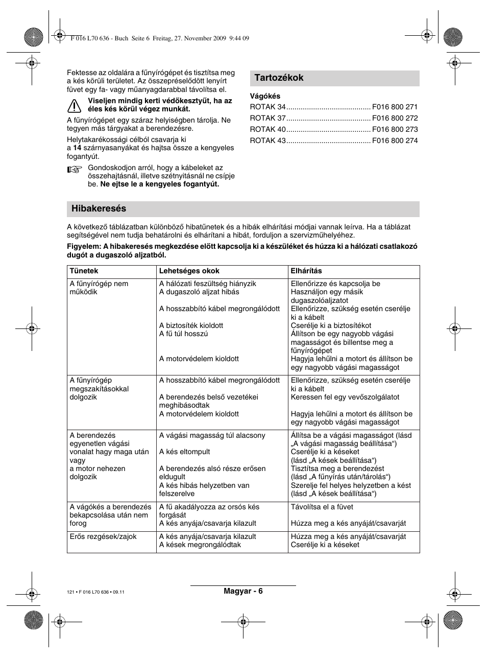 Tartozékok hibakeresés | Bosch ROTAK 34 User Manual | Page 121 / 195