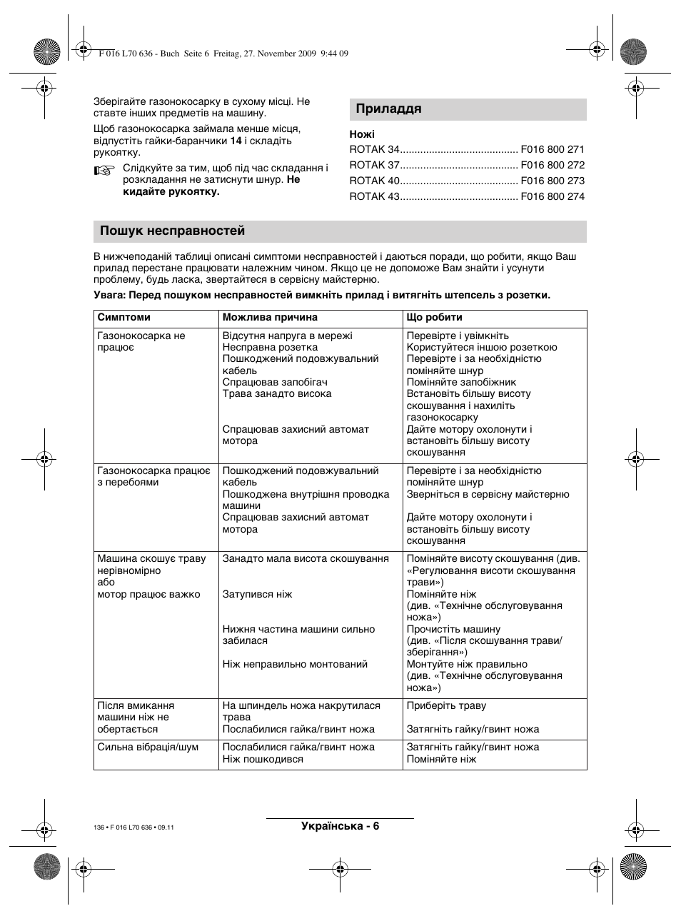 Приладдя пошук несправностей | Bosch ROTAK 34 User Manual | Page 136 / 195