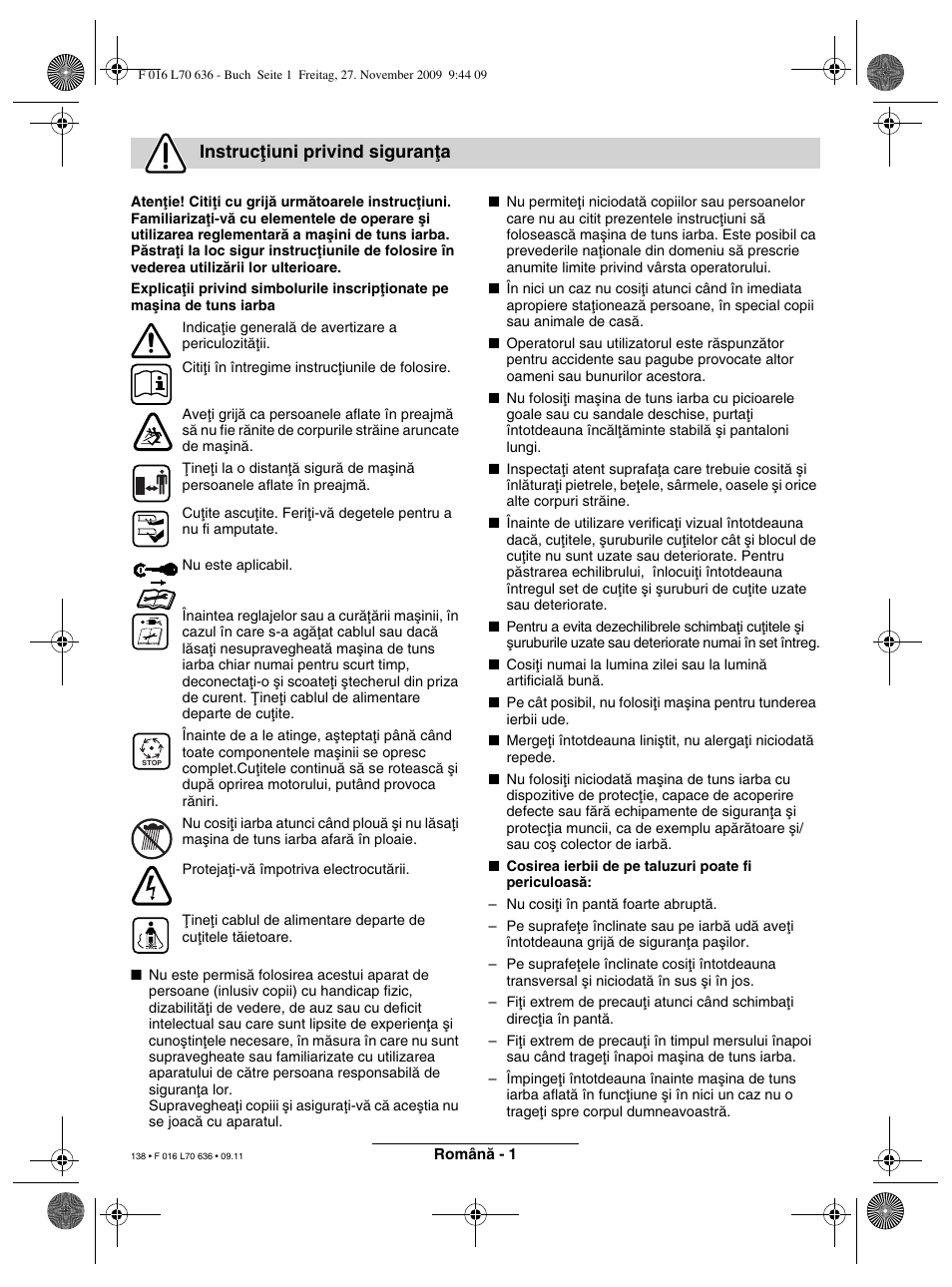 Instrucøiuni privind siguranøa | Bosch ROTAK 34 User Manual | Page 138 / 195