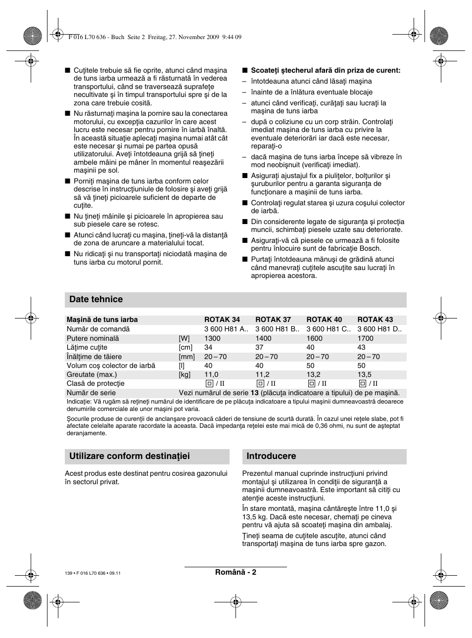 Date tehnice, Utilizare conform destinaøiei introducere | Bosch ROTAK 34 User Manual | Page 139 / 195