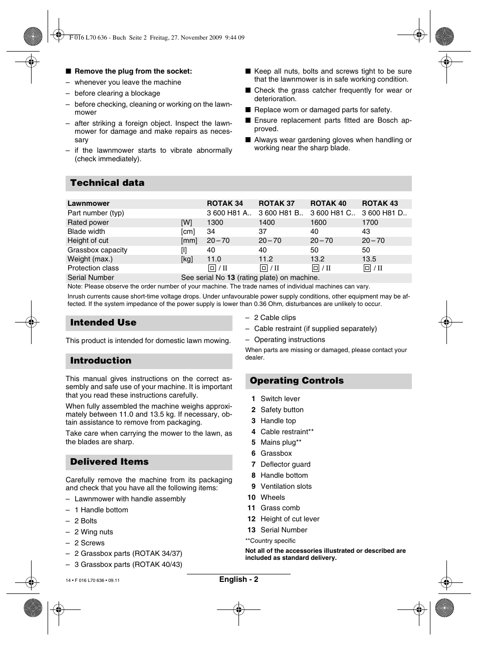 Technical data | Bosch ROTAK 34 User Manual | Page 14 / 195