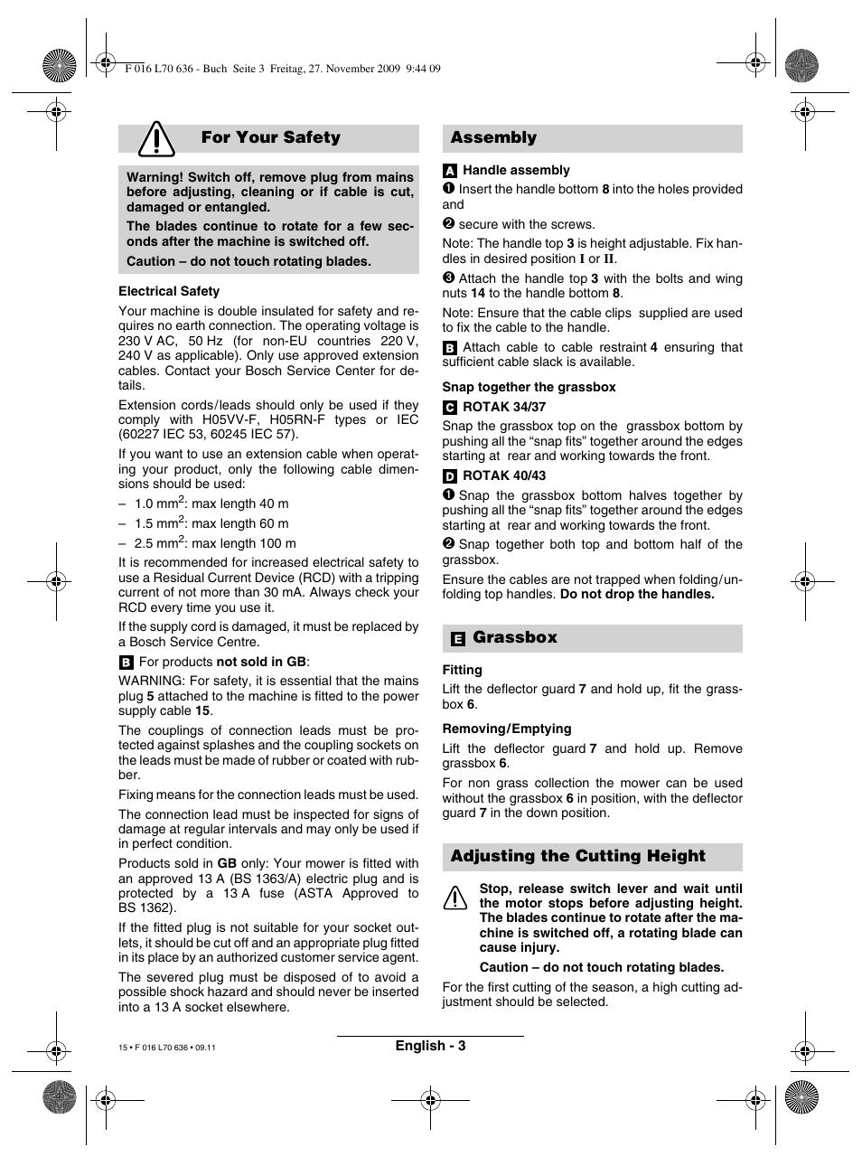 For your safety, Assembly grassbox adjusting the cutting height | Bosch ROTAK 34 User Manual | Page 15 / 195