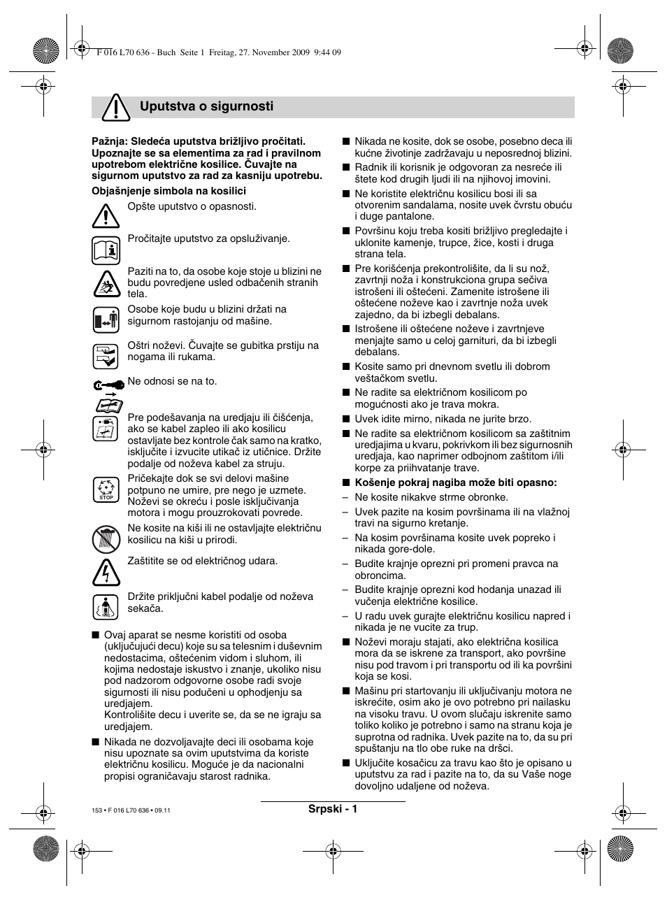 Uputstva o sigurnosti | Bosch ROTAK 34 User Manual | Page 153 / 195