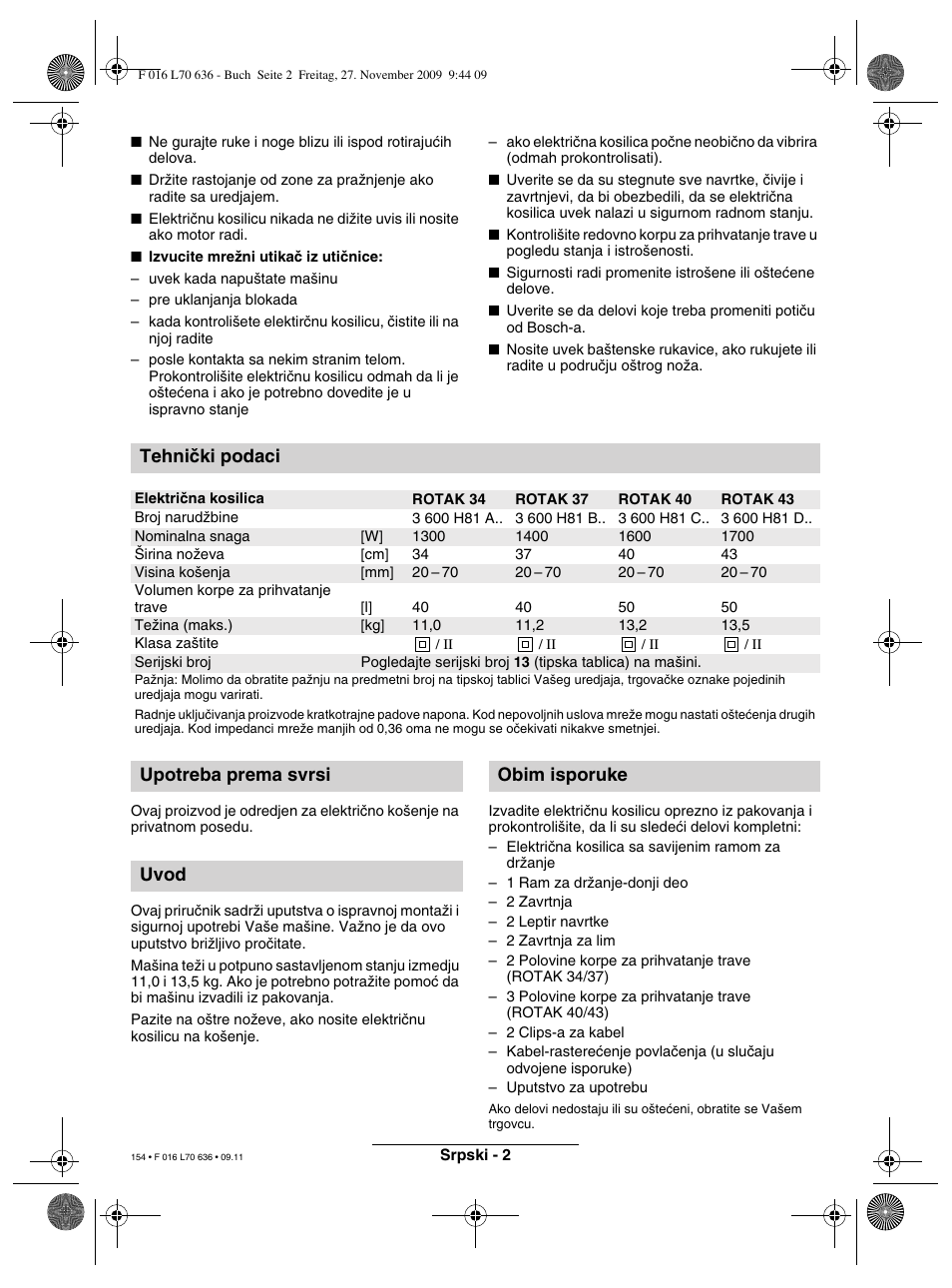 Tehniãki podaci, Upotreba prema svrsi uvod obim isporuke | Bosch ROTAK 34 User Manual | Page 154 / 195