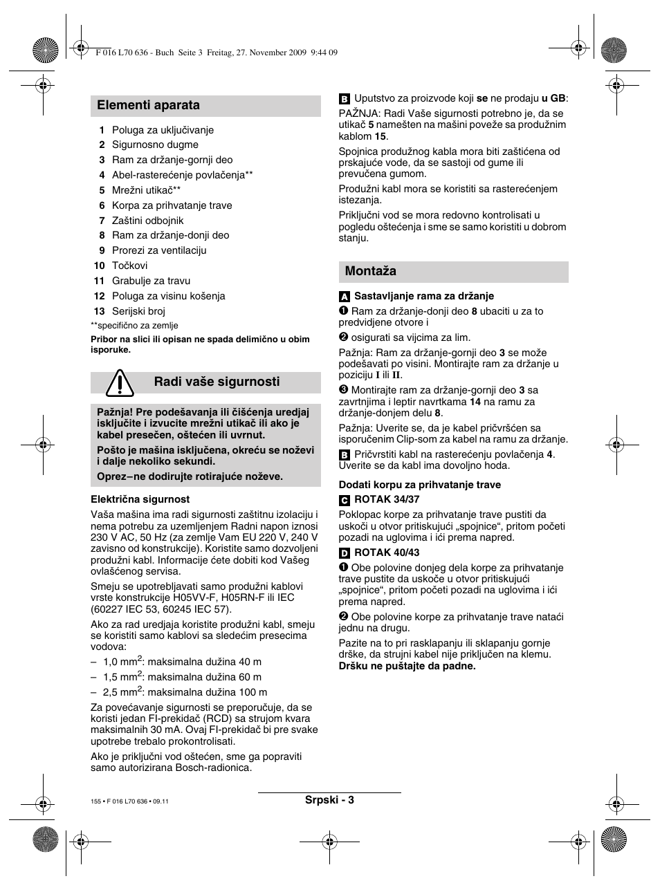 Elementi aparata radi va‰e sigurnosti, Montaïa | Bosch ROTAK 34 User Manual | Page 155 / 195