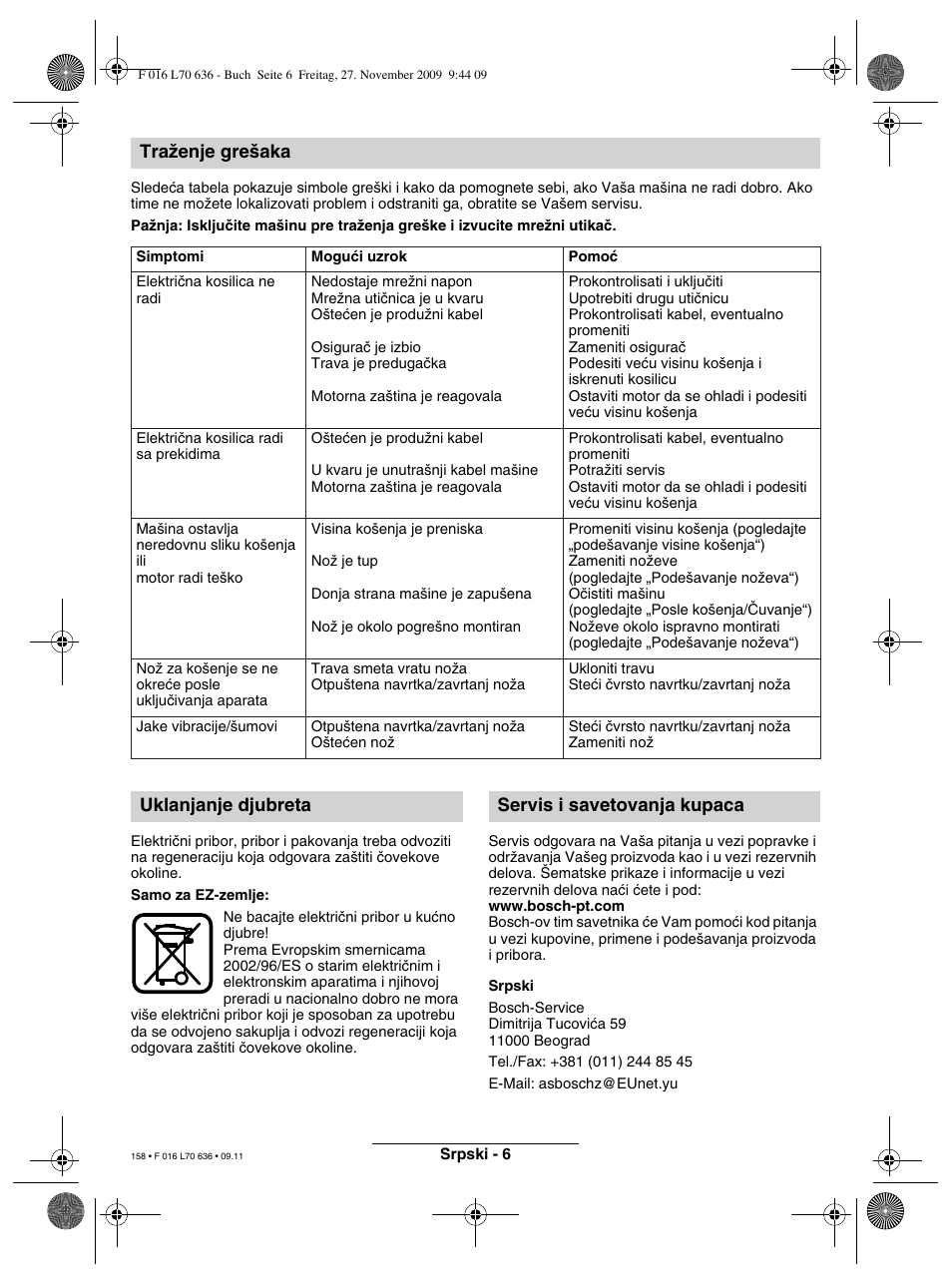 Traïenje gre‰aka, Uklanjanje djubreta servis i savetovanja kupaca | Bosch ROTAK 34 User Manual | Page 158 / 195