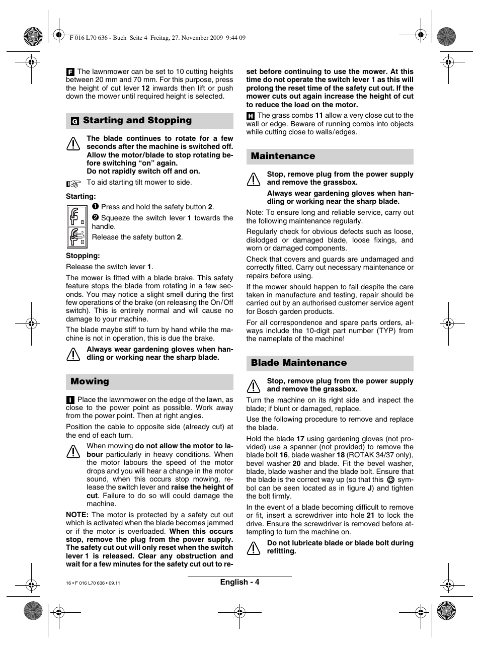 Starting and stopping mowing, Maintenance blade maintenance | Bosch ROTAK 34 User Manual | Page 16 / 195