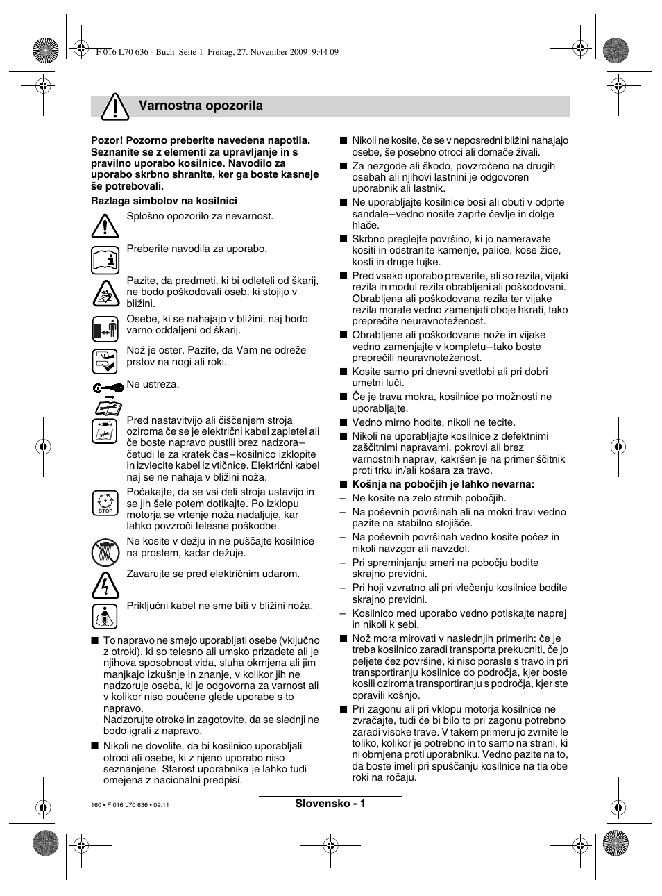 Varnostna opozorila | Bosch ROTAK 34 User Manual | Page 160 / 195