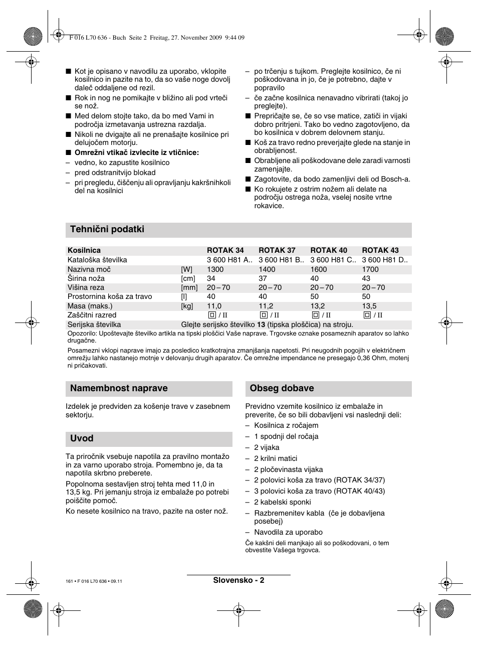 Tehniãni podatki, Namembnost naprave uvod obseg dobave | Bosch ROTAK 34 User Manual | Page 161 / 195