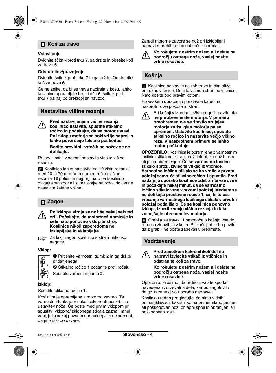 Ko‰ za travo nastavitev vi‰ine rezanja zagon, Ko‰nja vzdrïevanje | Bosch ROTAK 34 User Manual | Page 163 / 195