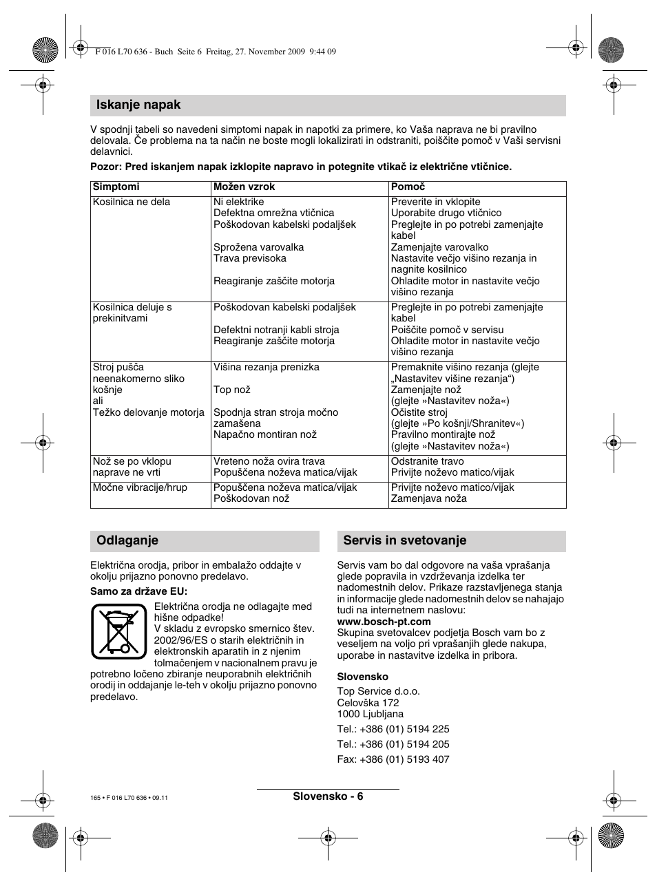 Iskanje napak, Odlaganje servis in svetovanje | Bosch ROTAK 34 User Manual | Page 165 / 195