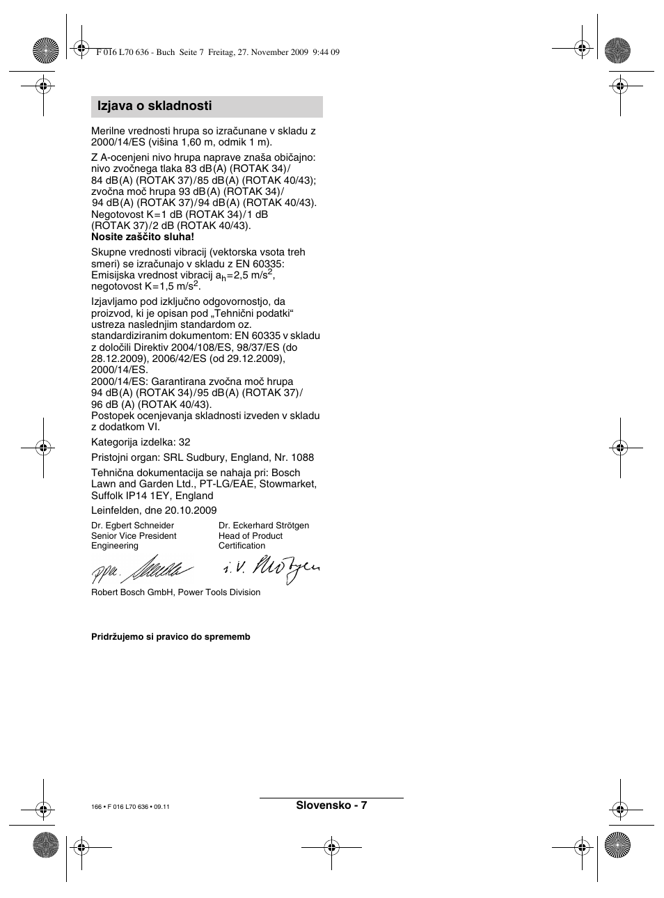 Izjava o skladnosti | Bosch ROTAK 34 User Manual | Page 166 / 195