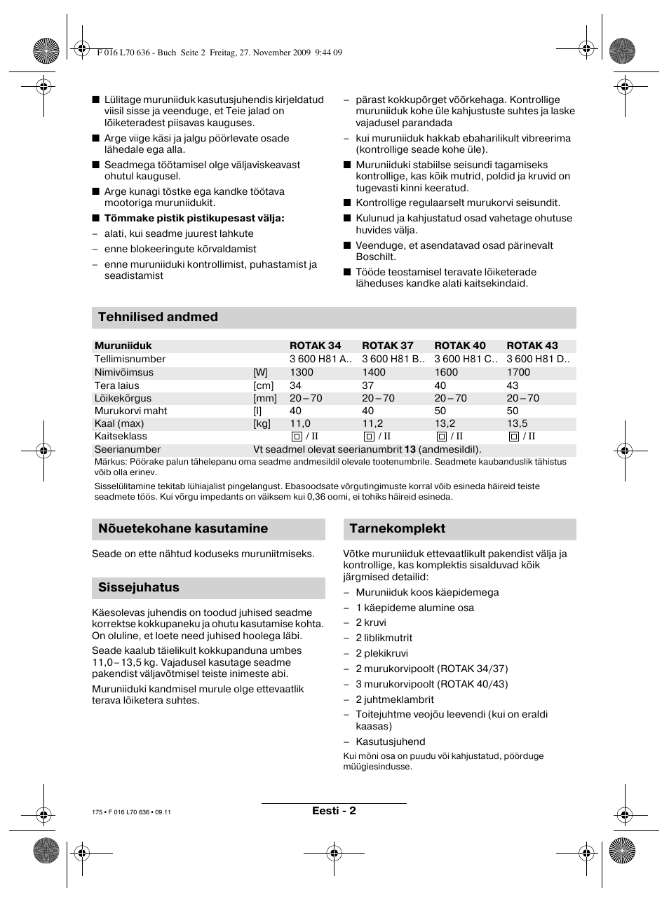 Tehnilised andmed, Nõuetekohane kasutamine sissejuhatus tarnekomplekt | Bosch ROTAK 34 User Manual | Page 175 / 195