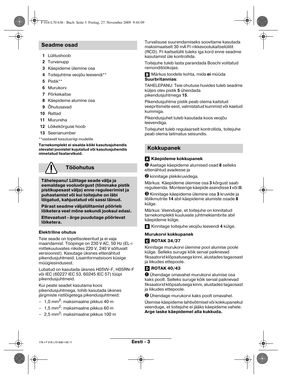 Seadme osad tööohutus, Kokkupanek | Bosch ROTAK 34 User Manual | Page 176 / 195