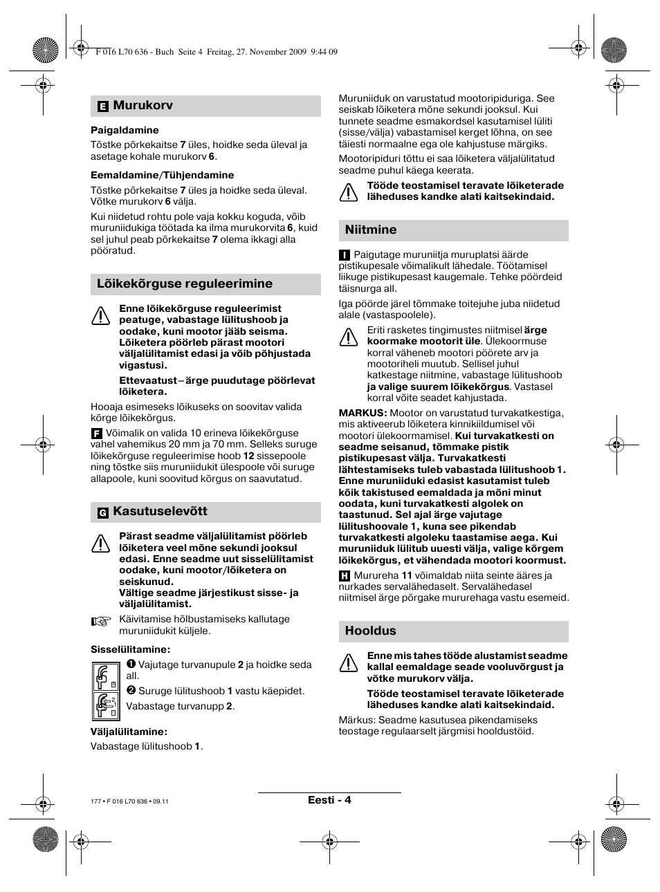 Murukorv lõikekõrguse reguleerimine kasutuselevõtt, Niitmine hooldus | Bosch ROTAK 34 User Manual | Page 177 / 195