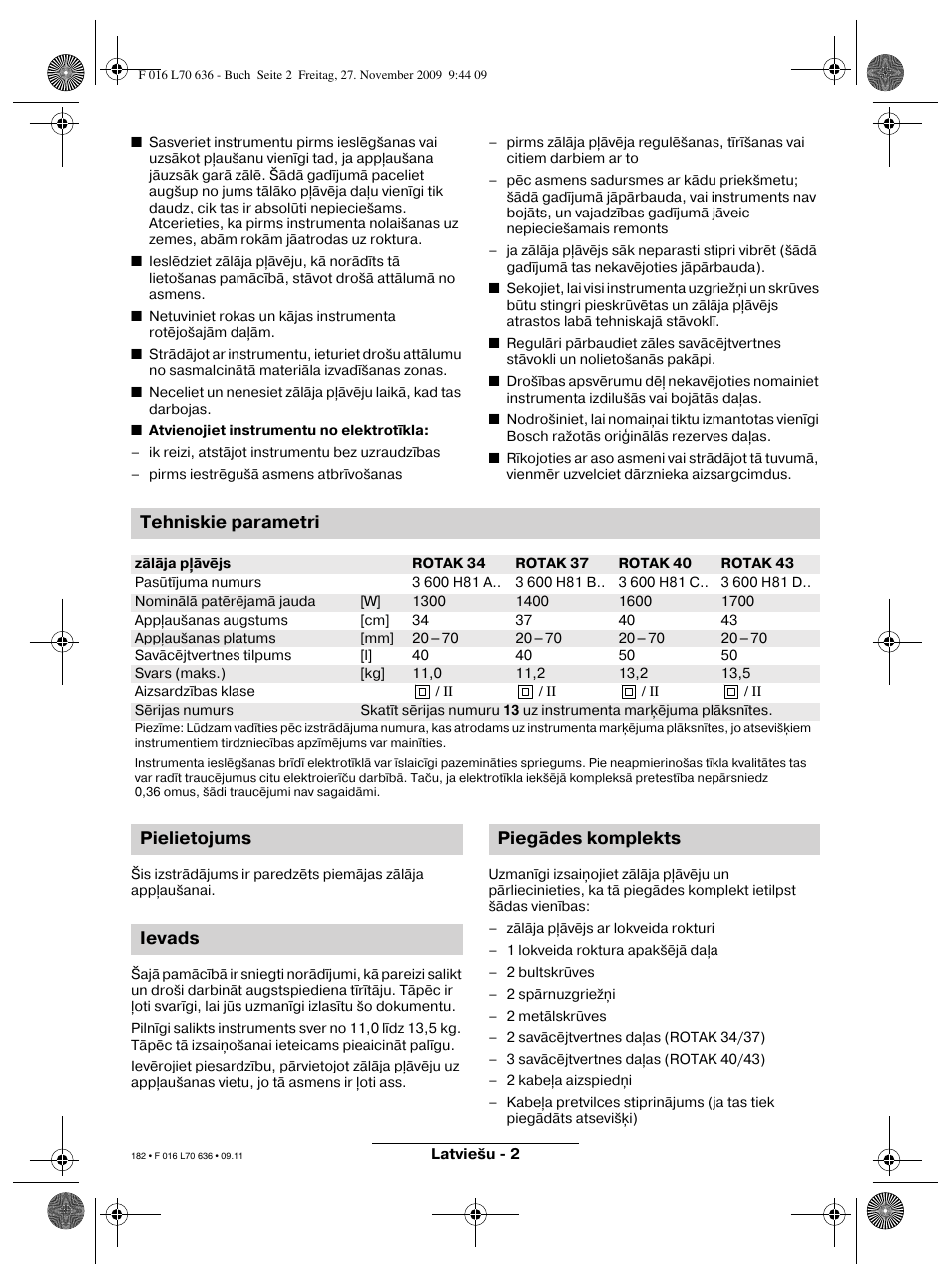 Tehniskie parametri, Pielietojums ievads piegādes komplekts | Bosch ROTAK 34 User Manual | Page 182 / 195