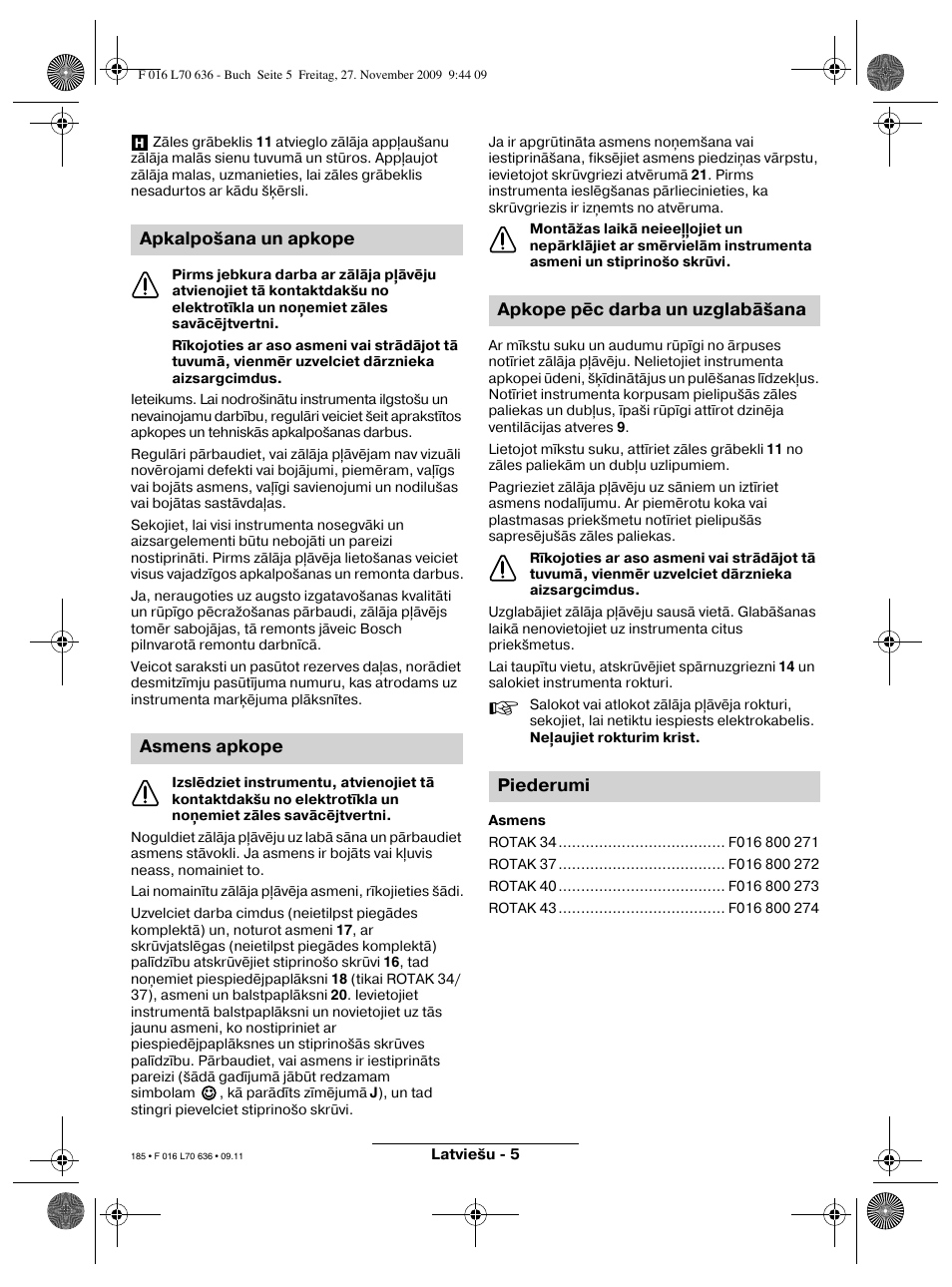 Apkalpošana un apkope asmens apkope, Apkope pēc darba un uzglabāšana piederumi | Bosch ROTAK 34 User Manual | Page 185 / 195