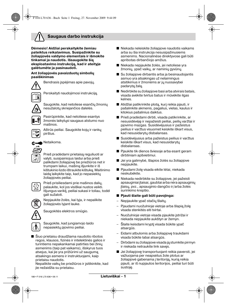 Saugaus darbo instrukcija | Bosch ROTAK 34 User Manual | Page 188 / 195