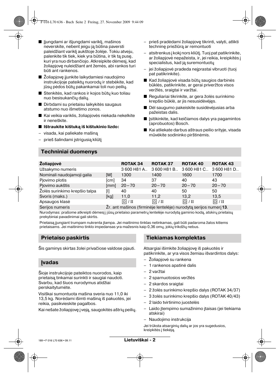 Techniniai duomenys, Prietaiso paskirtis įvadas tiekiamas komplektas | Bosch ROTAK 34 User Manual | Page 189 / 195