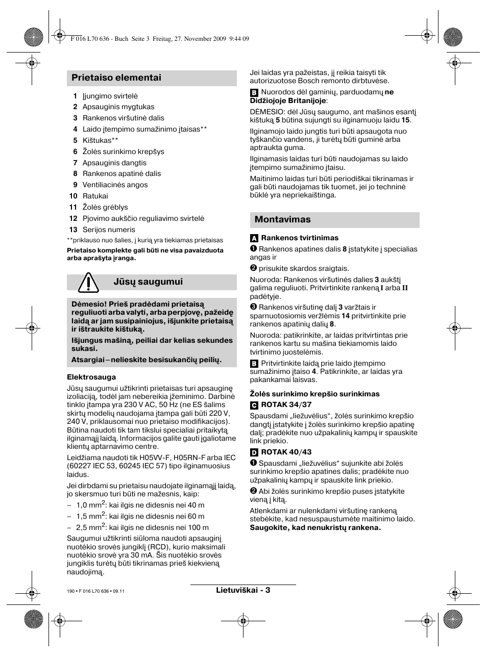 Prietaiso elementai jūsų saugumui, Montavimas | Bosch ROTAK 34 User Manual | Page 190 / 195