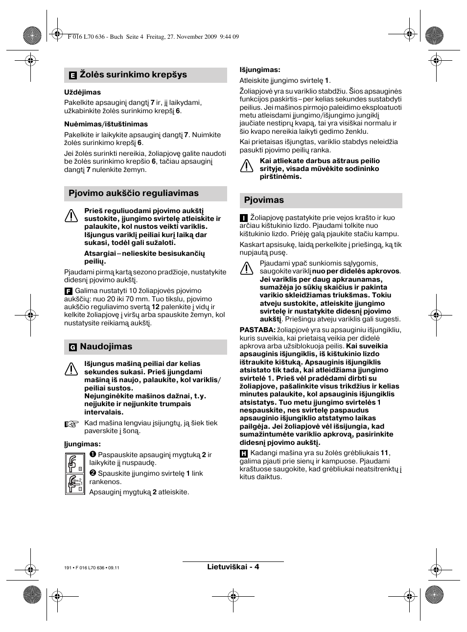 Pjovimas | Bosch ROTAK 34 User Manual | Page 191 / 195