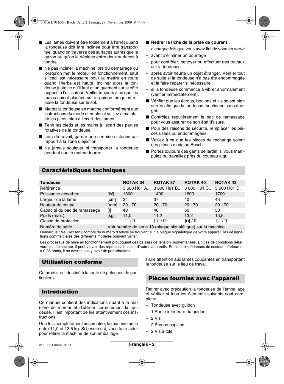 Caractéristiques techniques | Bosch ROTAK 34 User Manual | Page 20 / 195