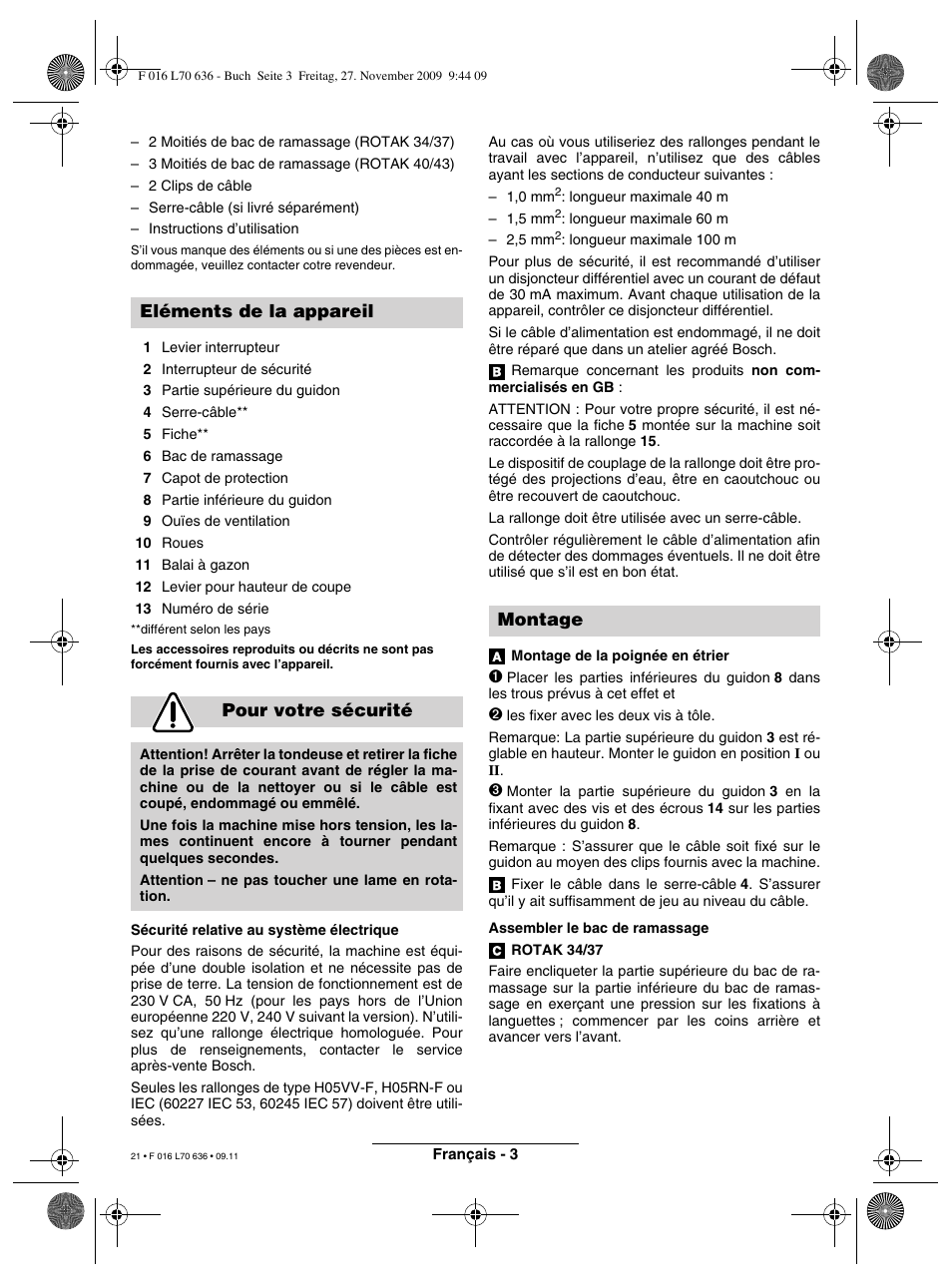 Eléments de la appareil pour votre sécurité, Montage | Bosch ROTAK 34 User Manual | Page 21 / 195