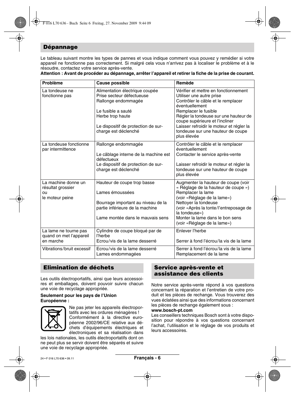 Dépannage | Bosch ROTAK 34 User Manual | Page 24 / 195