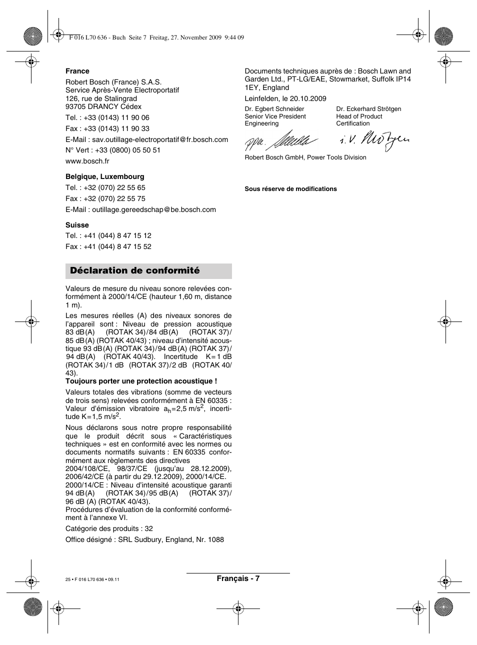 Déclaration de conformité | Bosch ROTAK 34 User Manual | Page 25 / 195