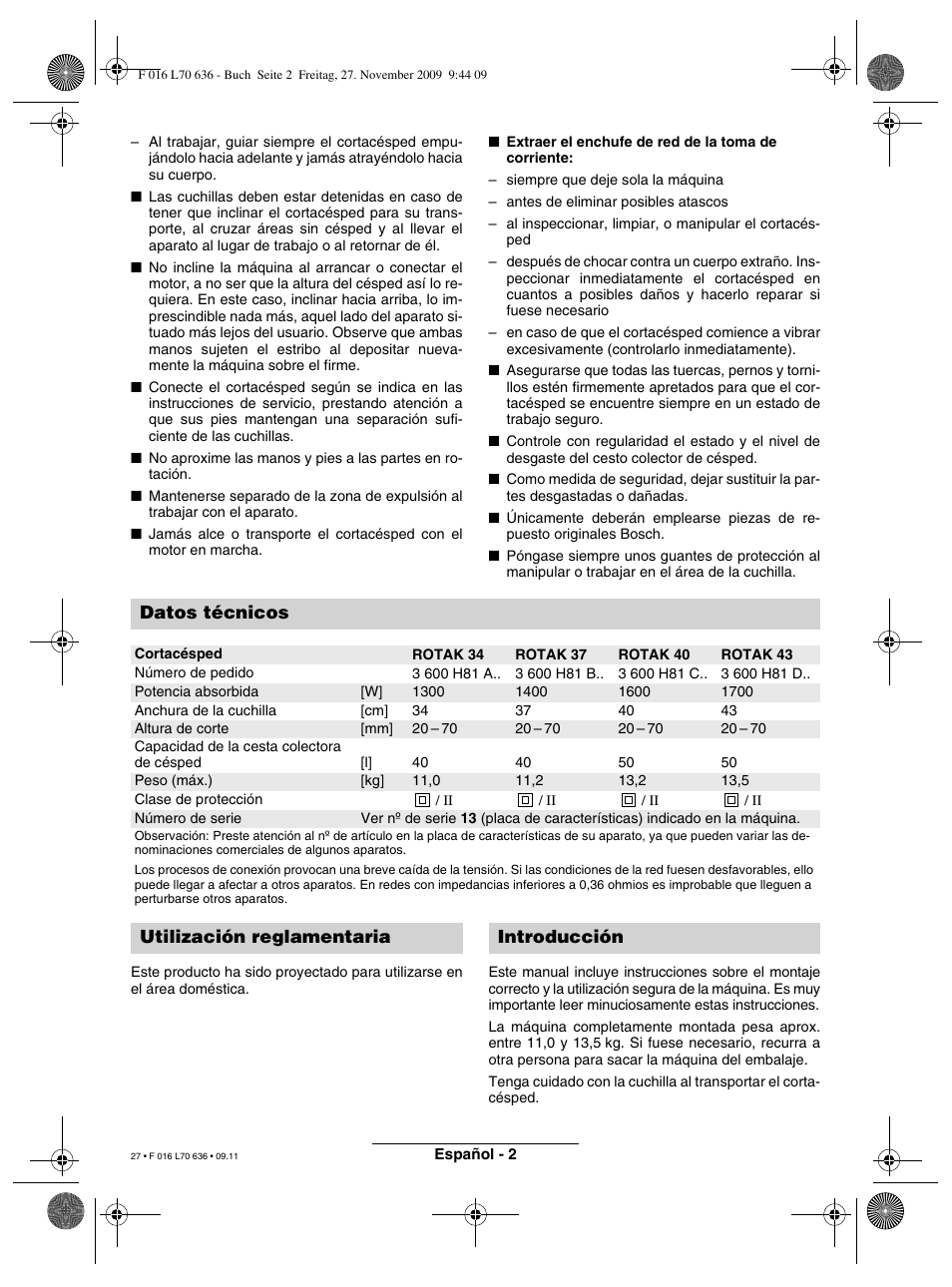 Datos técnicos, Utilización reglamentaria introducción | Bosch ROTAK 34 User Manual | Page 27 / 195