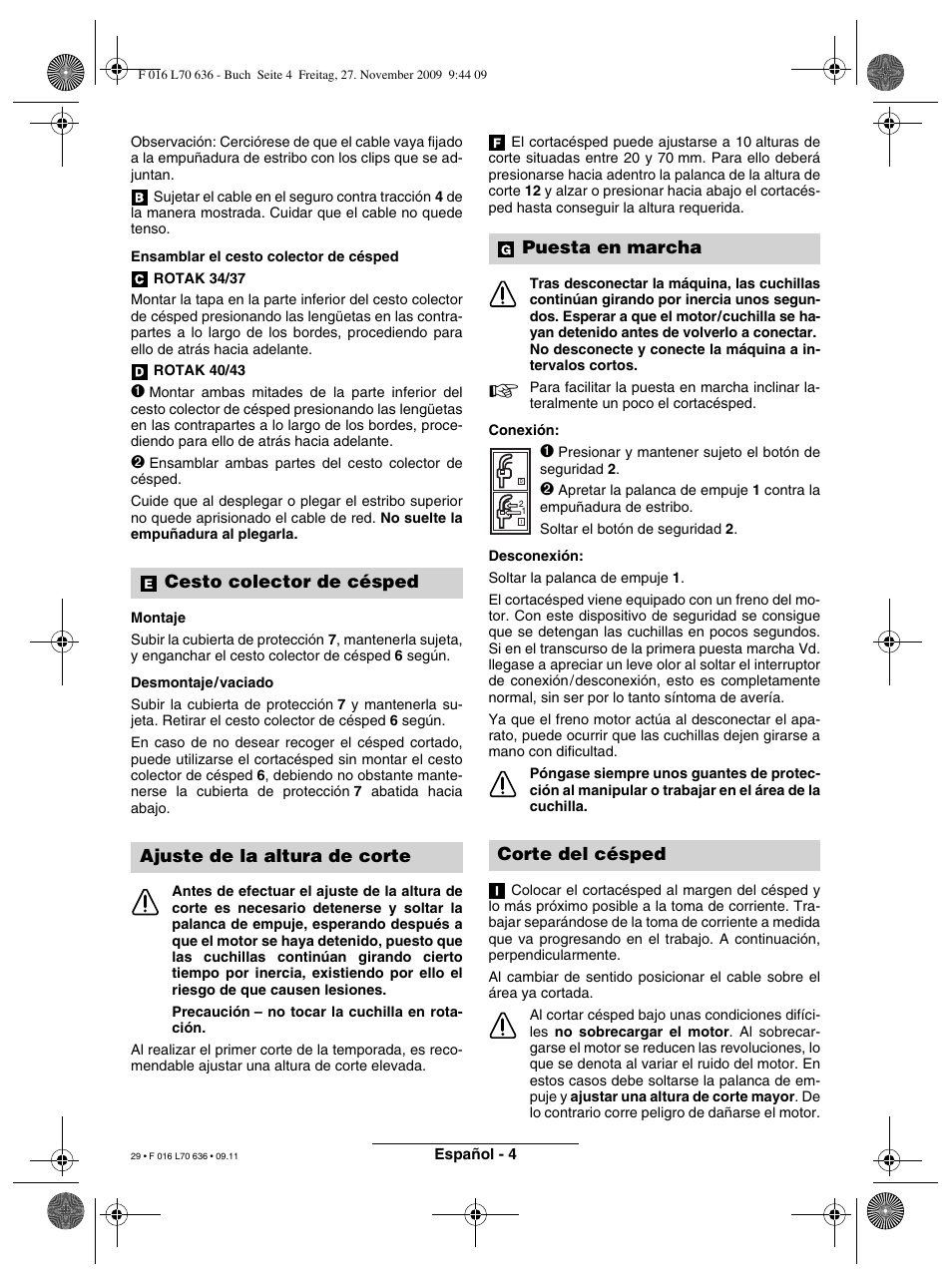 Puesta en marcha corte del césped | Bosch ROTAK 34 User Manual | Page 29 / 195