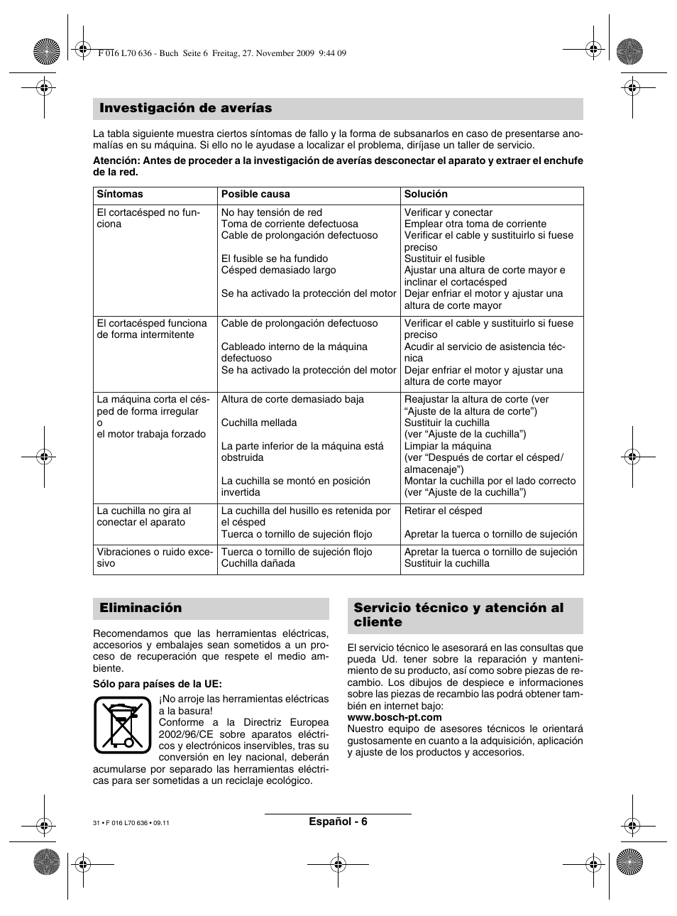 Investigación de averías, Eliminación servicio técnico y atención al cliente | Bosch ROTAK 34 User Manual | Page 31 / 195