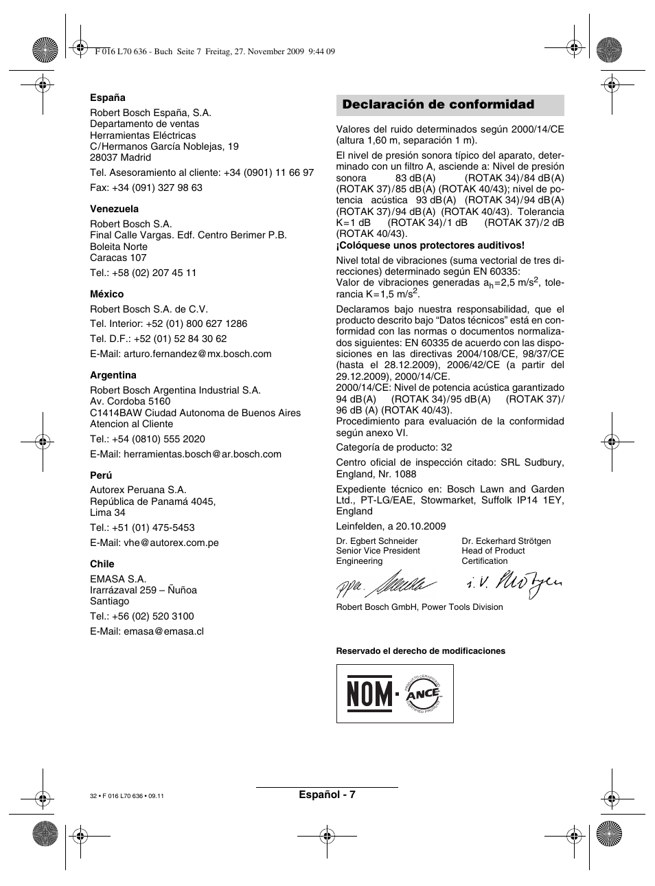 Declaración de conformidad, Español - 7 | Bosch ROTAK 34 User Manual | Page 32 / 195