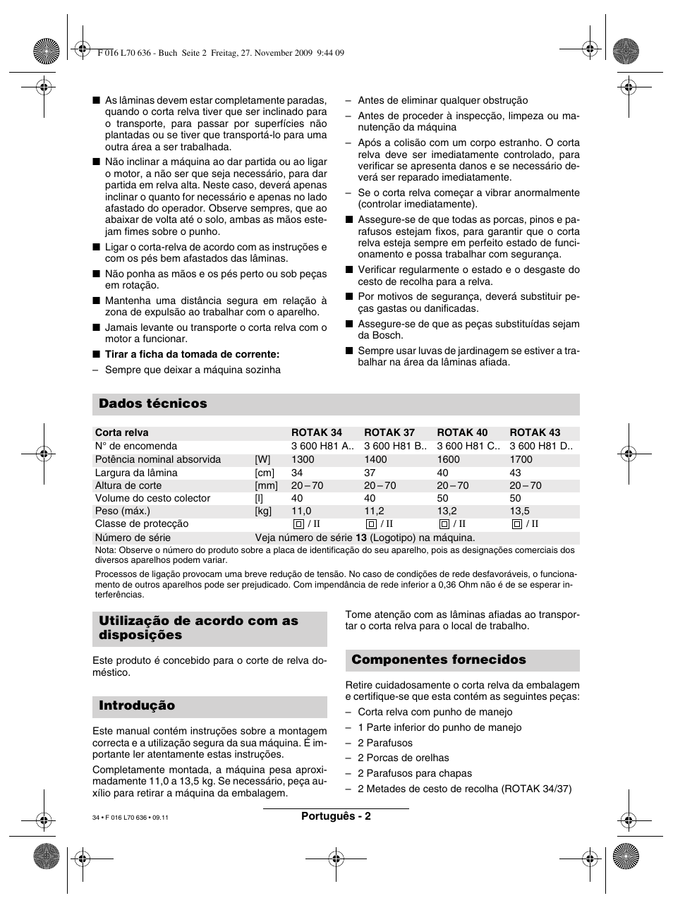 Dados técnicos | Bosch ROTAK 34 User Manual | Page 34 / 195