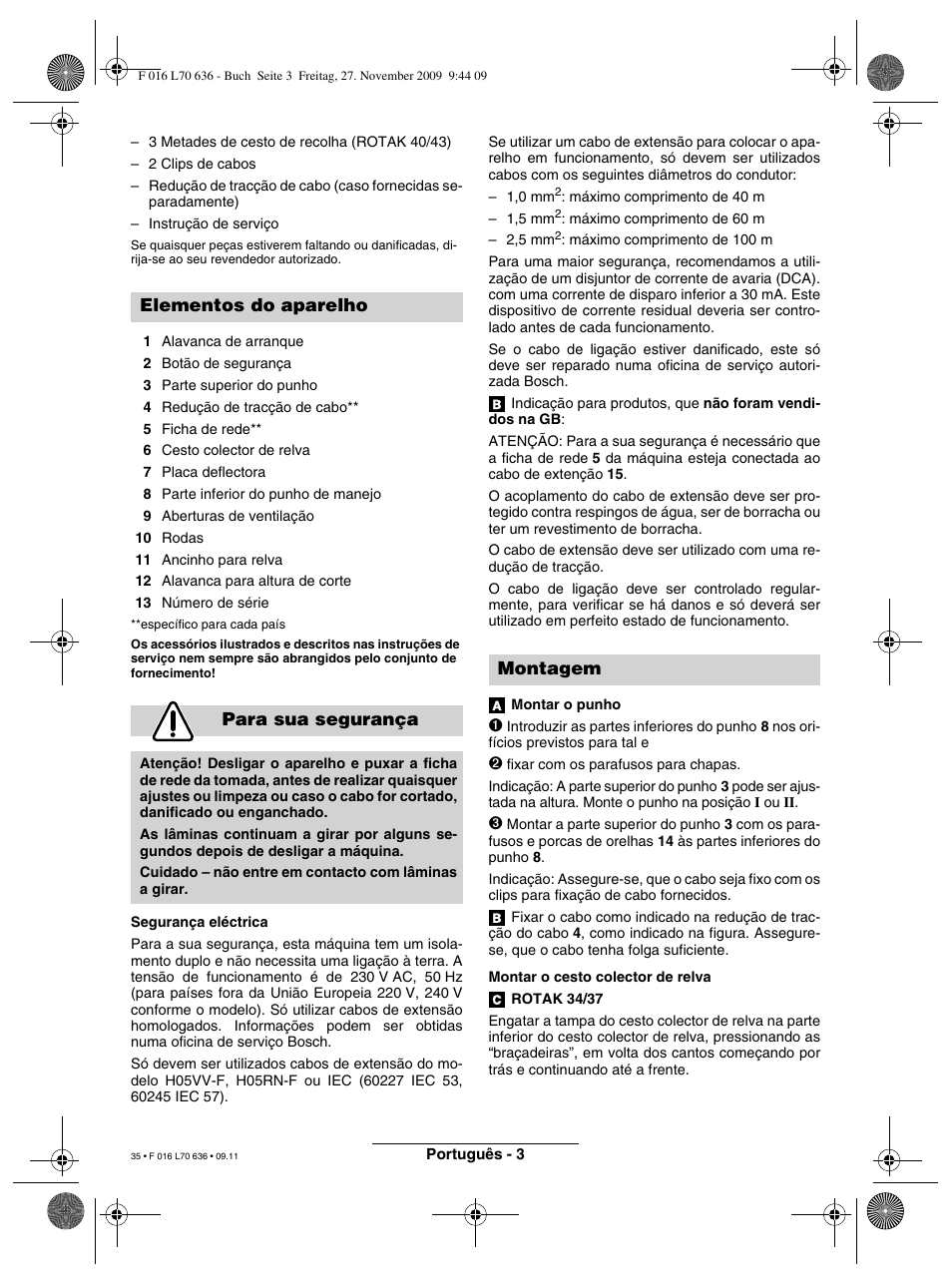 Elementos do aparelho para sua segurança, Montagem | Bosch ROTAK 34 User Manual | Page 35 / 195