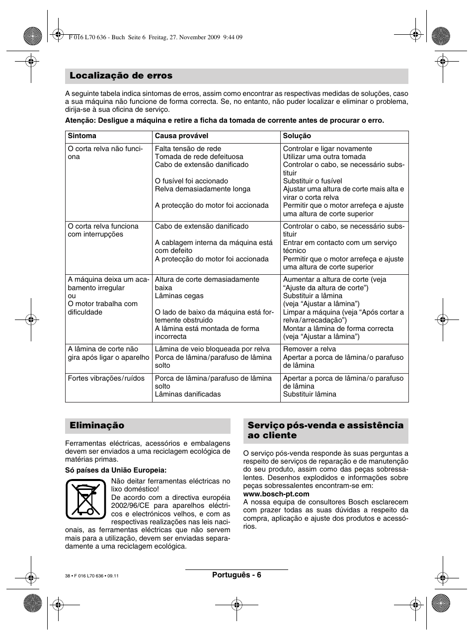 Localização de erros | Bosch ROTAK 34 User Manual | Page 38 / 195