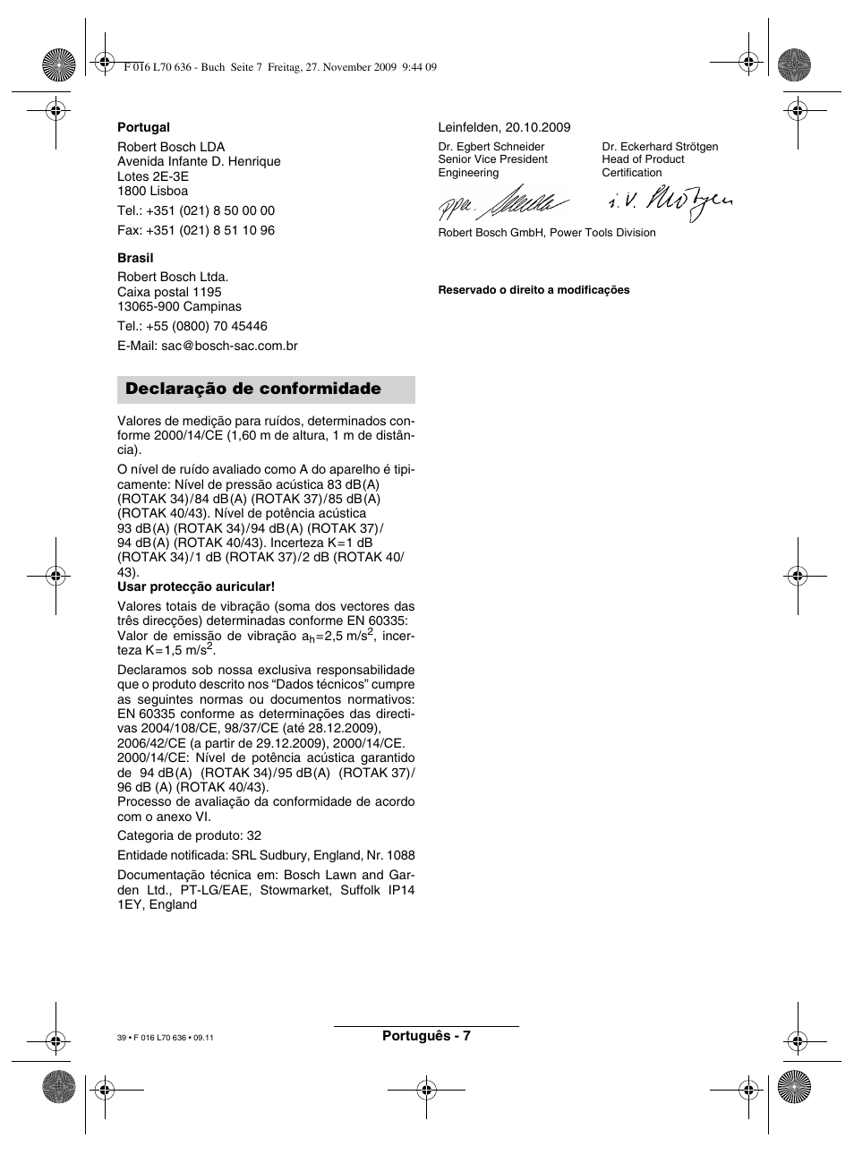 Declaração de conformidade | Bosch ROTAK 34 User Manual | Page 39 / 195