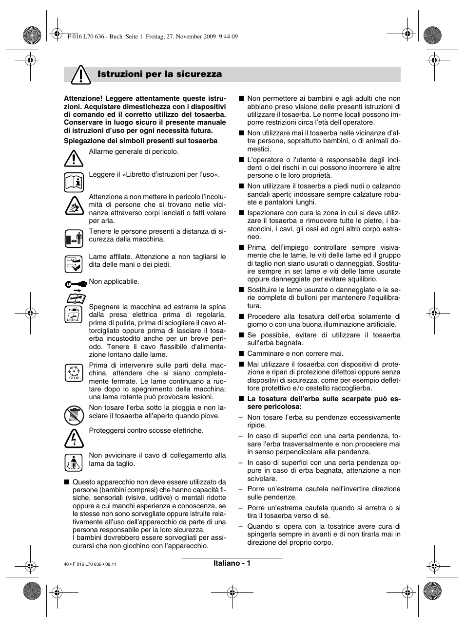 Istruzioni per la sicurezza | Bosch ROTAK 34 User Manual | Page 40 / 195