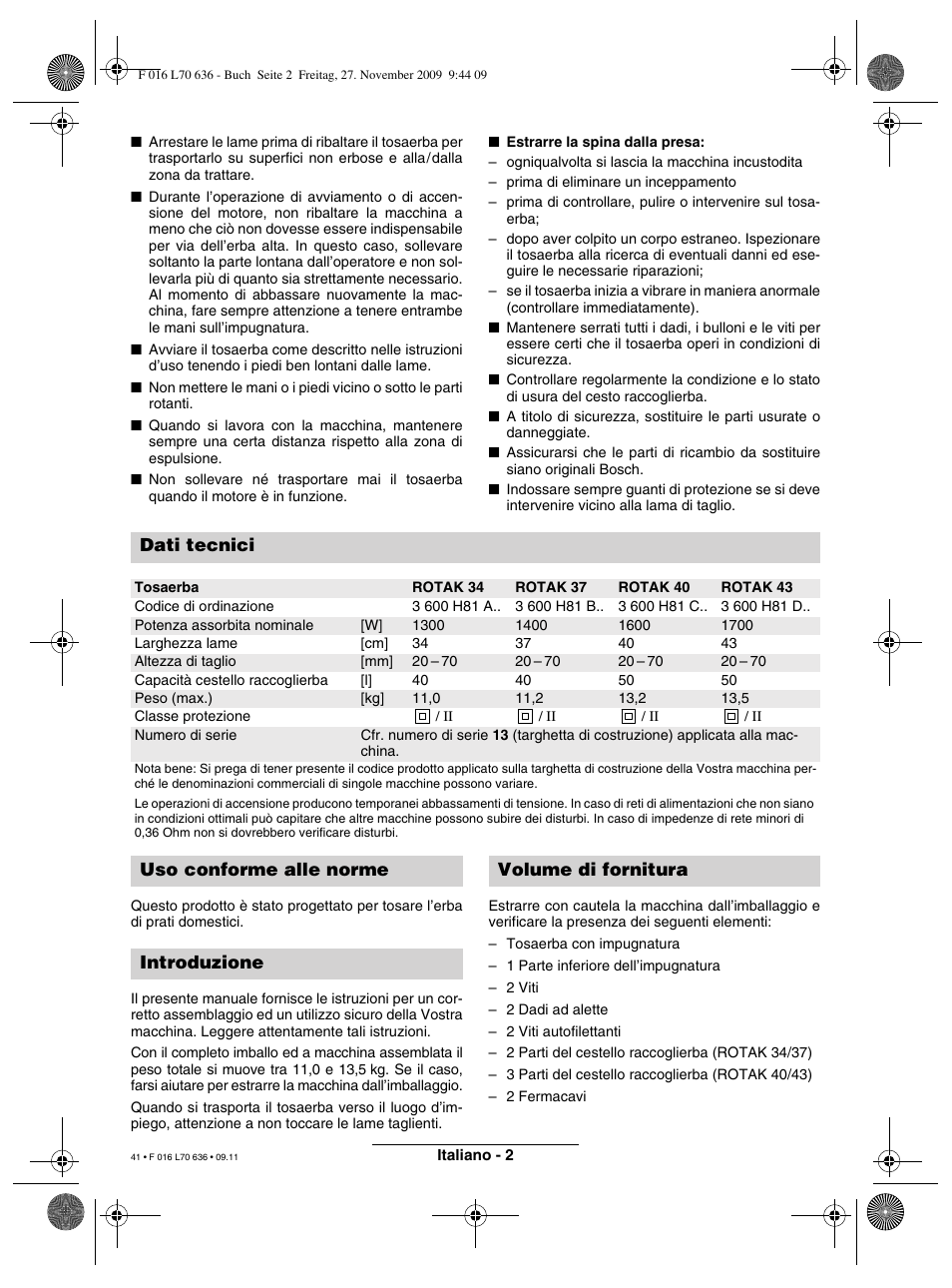 Dati tecnici | Bosch ROTAK 34 User Manual | Page 41 / 195