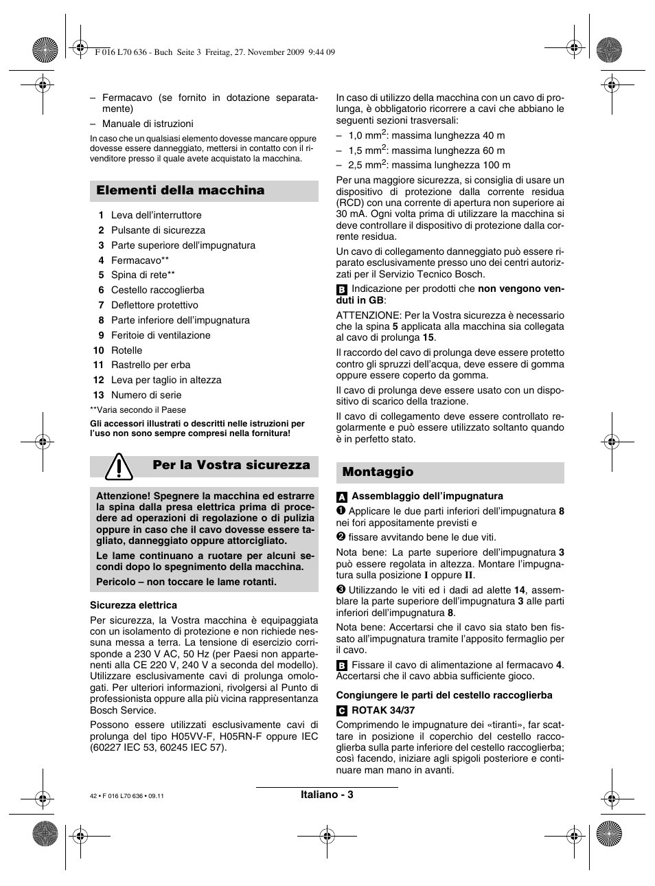 Elementi della macchina per la vostra sicurezza, Montaggio | Bosch ROTAK 34 User Manual | Page 42 / 195