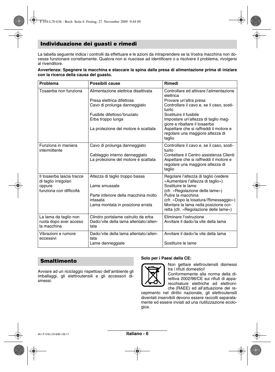 Individuazione dei guasti e rimedi, Smaltimento | Bosch ROTAK 34 User Manual | Page 45 / 195