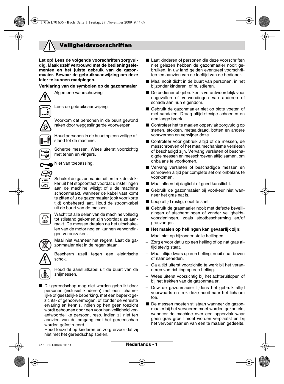 Veiligheidsvoorschriften | Bosch ROTAK 34 User Manual | Page 47 / 195